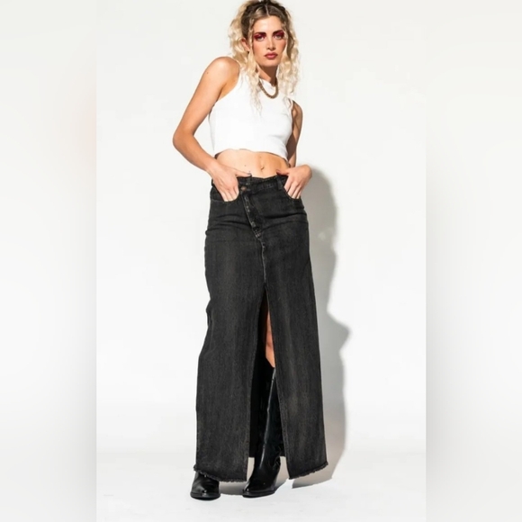 Dressed in LALA Dresses & Skirts - Dressed In Lala Dont Kill My Vibe Criss Cross Black Denim Maxi Skirt Sz M BNWT